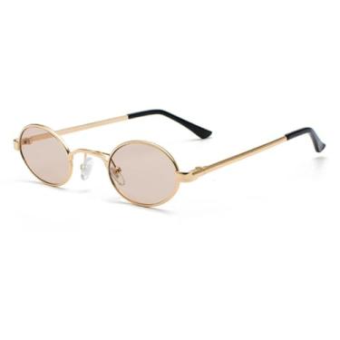 Imagem de HCPIHF Óculos de sol ovais da moda, retrô, de metal, masculino e feminino, decorativos (dourado-marrom)
