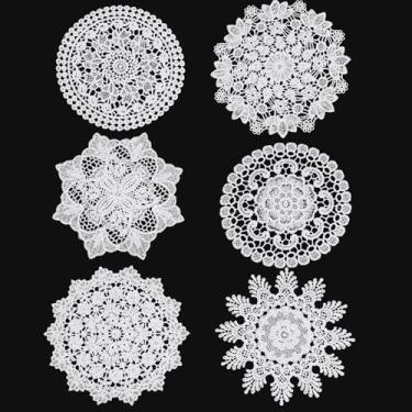 Imagem de 6 peças de rolos de crochê vintage brancos, 15,2 a 17 cm, jogo americano redondo de renda, porta-copos feitos à mão, decoração de mesa rústica para cozinha, jantar, festa de casamento