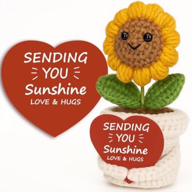 Imagem de Handmade Positive Crochet Sunflower Plush with Heart Card – “Sending You Sunshine” Inspirational Gift for Women, Friend, Mom, Coworker – Birthday, Get Well, Care Package, Christmas, Desk Decor