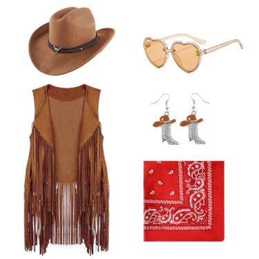 Imagem de Dwieey Roupas de vaqueira para meninas e crianças, 6 peças, acessórios de fantasia ocidental, chapéu de caubói, colete de franja, brinco para Halloween 7-8 T