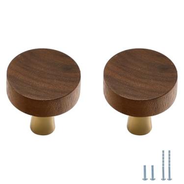 Imagem de Evionlin 2 ganchos de parede redondos de latão e nogueira, maçanetas de porta de armário, puxadores de armário de cozinha ou puxadores de gaveta, adequados para armários e banheiros