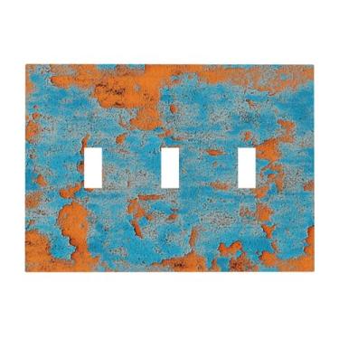 Imagem de JDAKHD Placa de cobertura para interruptor de luz rústica azul laranja abstrata 3 gangues placa de parede decorativa metal ferrugem vintage placa de interruptor triplo placa elétrica para banheiro