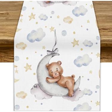 Imagem de Caminho de mesa de urso de desenho animado, urso fofo dorme aquarela lua estrelas impressão cozinha mesa de jantar para decoração de festas internas e externas, 33 x 152 cm