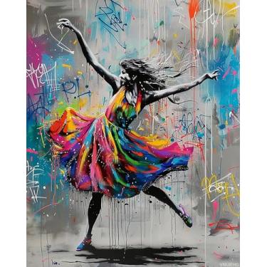 Imagem de VNUIEHG Kits de pintura de grafite colorido por números DIY com pincéis e pigmento acrílico em tela para adultos, imagem de mulher de dança feliz para decoração de casa, presente de arte de parede