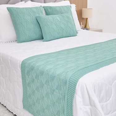 Imagem de Manta Casal, Peseira, Kit Peseira Manta Tricot Cama Casa + 3 Capas Almofadas(Verde Água,Casal)