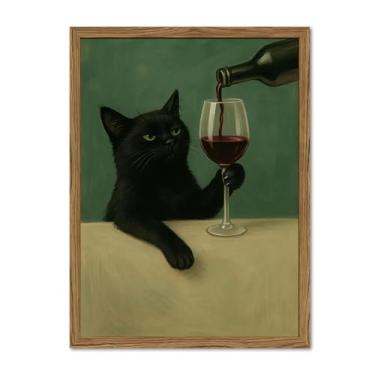 Imagem de Arte de parede de gato preto engraçado Gato preto mal-humorado com taça de vinho decoração de parede animal peculiar bar carrinho impressão em tela para sala de estar quarto 40 x 61 cm moldura de