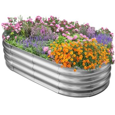Imagem de Eclaron Canteiro de jardim elevado galvanizado para exterior: Kit de recipiente de plantas vegetais de metal durável - Caixa oval de plantador de 10 x 2 x 3 m para calha de flores de jardinagem