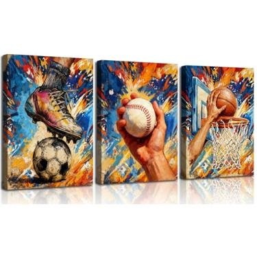 Imagem de ZHAXFA 3 peças de arte de parede em tela esportiva de graffiti, pôster retrô de arte de beisebol de futebol, basquete, beisebol, pintura, tema esportivo, para meninos adolescentes, decoração de quarto