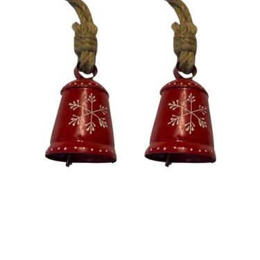 Imagem de Trrystals Sino de pendurar vermelho de ferro feito à mão – decoração festiva com design de floco de neve e corda de juta para casa e jardim (Sino de cone vermelho com design de floco de neve (enfeite
