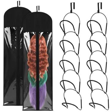 Imagem de Blulu 10 peças de suporte de peruca com 2 bolsas de armazenamento à prova de poeira para várias perucas organizador com ganchos, suporte antiderrapante para armazenamento de espaço para porta parede