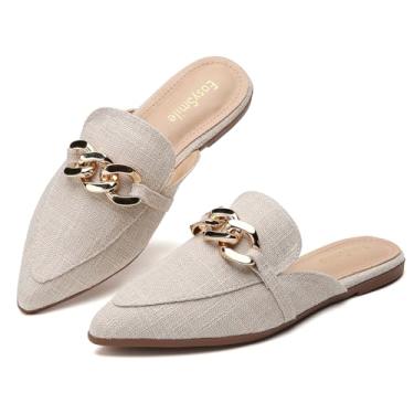 Imagem de EasySmile Metal Chain Decor Flat Mules para mulheres fechado bico fino slip on loafers Slide Backless Mules Shoes, Linha de corrente de metal bege, 8