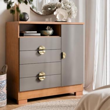 Imagem de Cômoda 4 Gavetas E 1 Porta Com Nicho - Puxador Dourado Multiuso Para Quarto Ou Sala(Cinza/Canela)