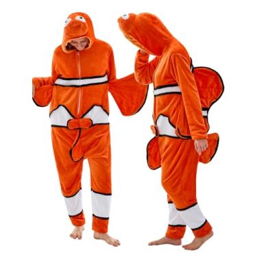 Imagem de JUOLOET Pijama unissex para adultos, peixe-palhaço, animal, peça única, ajuste confortável, fantasia de Halloween, roupa de dormir (peixe palhaço, pequeno)