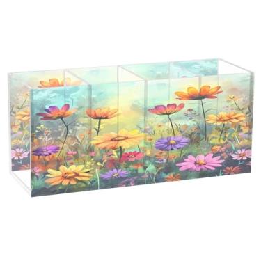 Imagem de SEHANY Porta-canetas de acrílico com flores silvestres coloridas, 4 compartimentos, porta-lápis transparente, organizador de pincéis de maquiagem, organizador de papelaria para escritório, casa
