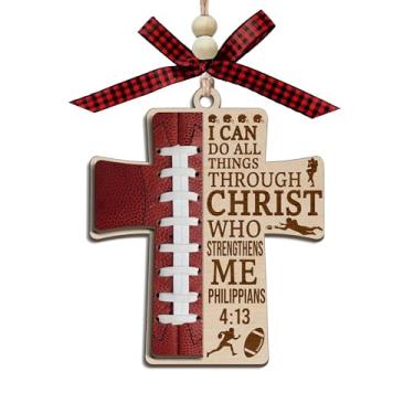 Imagem de Enfeite de madeira com cruz de futebol, Philippians 4:13 Christian 2 camadas, Christ Who Strengthens Me, decoração de carro, versículo bíblico inspirador presente para jogadores de futebol, homens