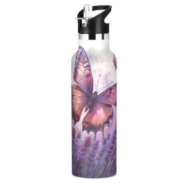 Imagem de ATTX Garrafa de água de campo de lavanda com borboletas com tampa de palha, copo de aço inoxidável de 590 ml, copo isolado para viagens, ao ar livre #103