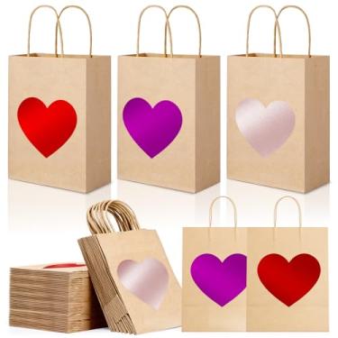 Imagem de FOGWOWO 24 peças de sacos de presente de dia dos namorados folha dourada vermelho rosa coração sacos de presente papel kraft com alças sacos de presente de chocolate doces para casamento, aniversário