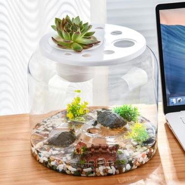 Imagem de Tanque de tartaruga pequeno com planta decorativa e pedra, habitat de aquário para répteis