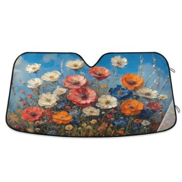 Imagem de ATTX Flores silvestres pintura a óleo pára-brisa carro 134.6 cm x 59.7 cm escudo solar universal com proteção UV, persiana de janela frontal automática dobrável para sedãs SUVs caminhões #358