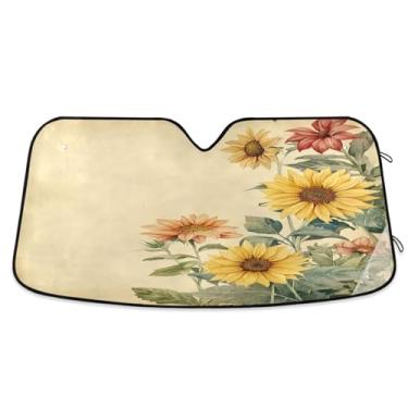 Imagem de ATTX Girassóis vintage para-sol para para-brisas de carro 134.6 cm x 59.7 cm Protetor solar universal com proteção UV, persiana de janela frontal automática dobrável para caminhões Sedans SUVs #590