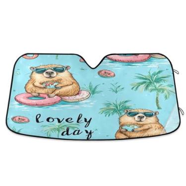 Imagem de ATTX Pára-brisas de carro capivara de desenho fofo 144.8 cm x 80.0 cm escudo solar universal com proteção UV, persiana de janela frontal automática dobrável para caminhões Sedans SUVs #109