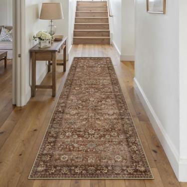 Imagem de HUGEAR Tapete de corredor 5 x 20 cm lavável na máquina, tijolo vermelho, tapete de área de corredor, tapete floral, de pelo baixo, tapetes macios para quarto, sala de estar, escritório, jantar