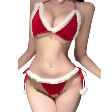 Imagem de THSCWY Sexy Christmas Lingerie Bikini Mrs. Claus Costumes for Women Velvet Santa Corset Outfits Babydoll Bra and Panty Sets