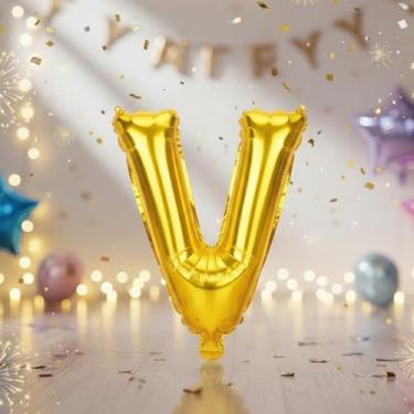 Imagem de Balões grandes de letras douradas de 81 cm V, balões de alumínio preenchidos com hélio Mylar Vlphabet para festas de aniversário e decorações de aniversário, suprimentos de decoração de festa de ouro