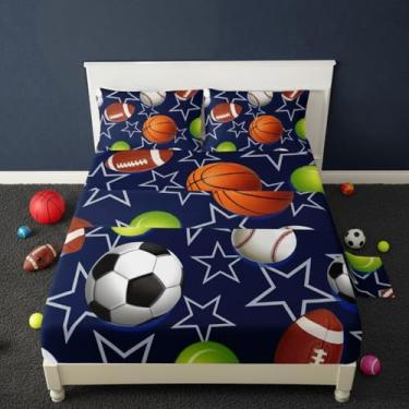 Imagem de QOOMO Jogo de cama infantil casal com estampa de bola, futebol e basquete, leve para todas as estações, azul para decoração de quarto de menino, 1 lençol com elástico, 1 lençol de cima, 2 fronhas