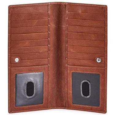 Imagem de Carteiras finas longas e elegantes de coruja sábia, duas dobras, de couro legítimo, feito à mão, com 2 compartimentos para cartão de crédito para homens e mulheres, Conhaque, 8.4 x 3.75 x 0.75"