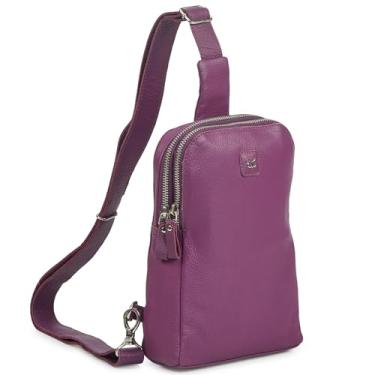Imagem de Wise Owl Accessories Bolsa tiracolo de couro real para mulheres e homens, bolsa transversal no peito frontal com compartimentos para cartão de crédito, Ametista Napa
