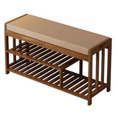 Imagem de uhyOHF Apoio para os pés Banqueta de bambu com 3 níveis de sapateira vintage banco de troca de sapatos banco de 35 polegadas para sala de estar, quarto, banco de mudança de pé de entrada (