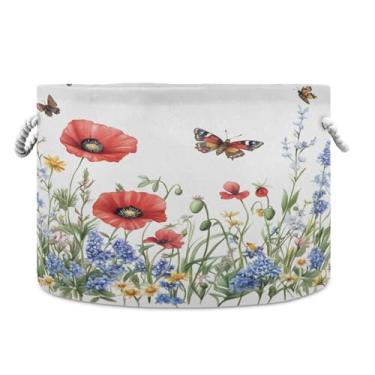 Imagem de WELLDAY Cesta de corda de algodão primavera flores silvestres cesta de lavanderia para bebê para sala de estar, lavanderia, berçário, travesseiros, decoração de casa