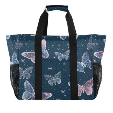 Imagem de Wassud Butterflies and Stars Sacolas de mercearia reutilizáveis grande bolsa organizadora de lona impermeável para praia, piquenique, lavanderia, viagem