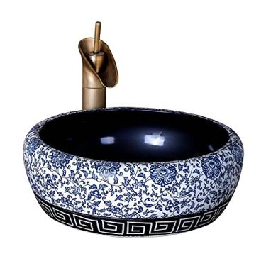 Imagem de Pia de banheiro pia de vaso de banheiro de cerâmica, pia de banheiro circular tradicional Jingdezhen azul e branco acima do balcão, pia circular de banheiro de 40 cm x 40 cm, pia de vaso de lavatório
