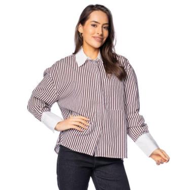 Imagem de Camisa Social Feminina The Style Box Listrada Marrom/Branco, Marrom, B
