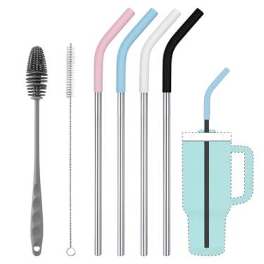 Imagem de XccMe Canudos de substituição para copos Stanley de 1,134 g, pacote com 4 canudos de metal reutilizáveis, compatíveis com copo de 1,134 g, canudo de aço inoxidável extra longo de 30 cm com pontas de