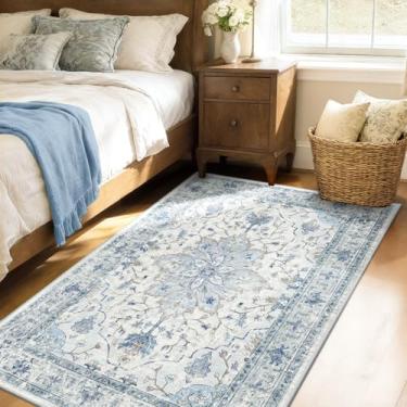 Imagem de RELEANY Tapetes de área adequados a vácuo, 1,2 m x 1,8 m, lavável na máquina, antiderrapante, estampa floral, vintage, estampa de angústia, tapete medalhão para sala de estar, quarto, azul tijolo