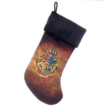Imagem de Meia de Natal de veludo Harry Potter com brasão de Hogwarts marrom padrão