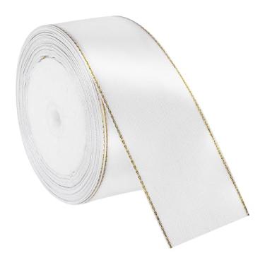 Imagem de PATIKIL Fita de cetim com borda dourada, fita de cetim de poliéster dupla face para embrulho de presente, buquês de flores, laços de cabelo, projetos de costura, branca