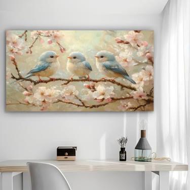 Imagem de Arte de parede em tela rústica Birds On Blooms - Pôster sem moldura de 30 x 61 cm - Decoração de casa e escritório para sala de estar, quarto, cozinha e café