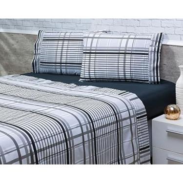 Imagem de Jogo Lençol 4 Peças Cama Viúva 2,03mx1,20mx35cm 100% Algodão 200 Fios Ponto Palito Preto Listrado