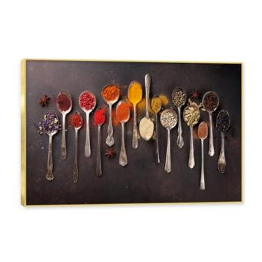 Imagem de NHLDZYH Moldura dourada. Arte de parede em tela de especiarias coloridas e colher de tempero | Decoração de cozinha vintage | Arte moderna para casa e sala de jantar. B53. 80 x 120 cm - 31,5 x 47,3