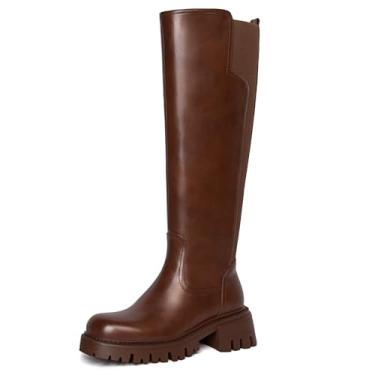 Imagem de Botas de cano alto femininas com plataforma elástica na panturrilha para mulheres, sola saliente, vestido confortável, longo, bico redondo, zíper lateral, salto grosso, Marrom-elástico, 41