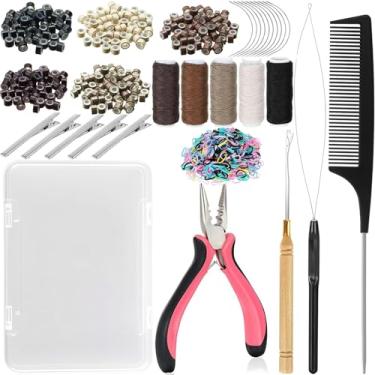Imagem de VCAY Kit de ferramentas de extensão de cabelo, 500 contas de anel forradas de silicone, 1 alicate, 1 passador, 1 agulha de crochê, 10 agulhas de cabelo curvadas, 5 clipes de cabelo, 5 rolos de linha