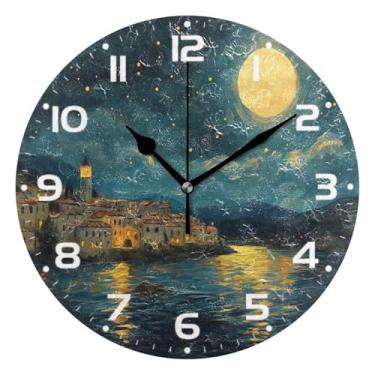 Imagem de JUZIHAI Relógio de parede com pintura de céu estrelado, silencioso, sem tique-taque, relógios de parede redondos, operados por bateria, fácil de ler, relógio decorativo de parede para casa, cozinha