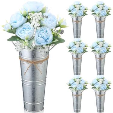 Imagem de LemonRoad 6 conjuntos de peças centrais de casamento para mesas, incluindo balde de flores galvanizadas, vasos de metal com flores artificiais, decorações de chá de panela, lembrancinhas de festa de