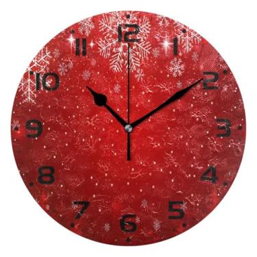 Imagem de JUZIHAI Relógio de parede vermelho de Natal, silencioso, sem tique-taque, redondo, operado por bateria, fácil de ler, relógio decorativo de parede para casa, cozinha, sala de estar, quarto, escritório
