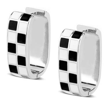Imagem de 2 brincos de argola xadrez, brincos de argola ovais grossos delicados, acessórios de joias modernas para mulheres (prata)