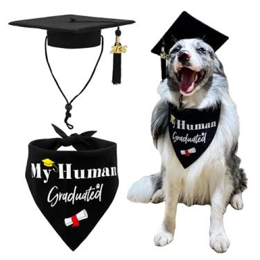 Imagem de Graduatepro Conjunto de boné e vestido de formatura para cães 2026 com bandana "My Human Graduated", boné ajustável para cães médios e grandes, adereços para fotos de roupas de formatura (preto)
